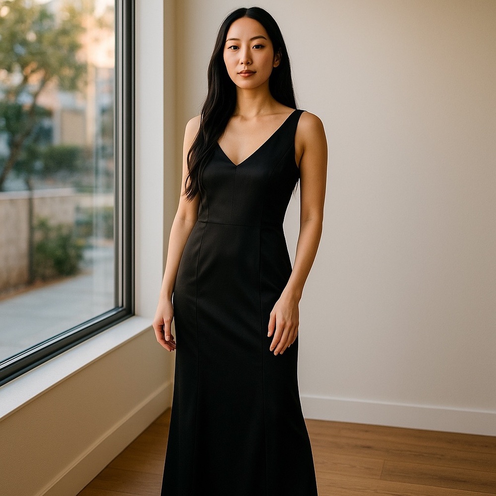 Champagne Formals evening gown black satin slip dress long size 10